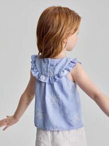 Ontre Young Girl Ruffled Floral Embroidery Round Neck Tank Top - Blue - View 2