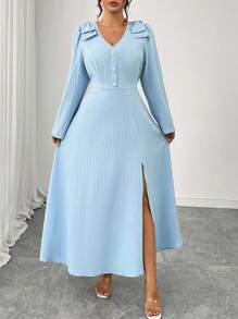 Elenzga Damen Große Größen Kleid mit V-Ausschnitt, schulterfrei mit Schleife, Taille gerafft, Perlenknöpfe, elegant und stilvoll - Verschiedenfarbig - Übersicht 6