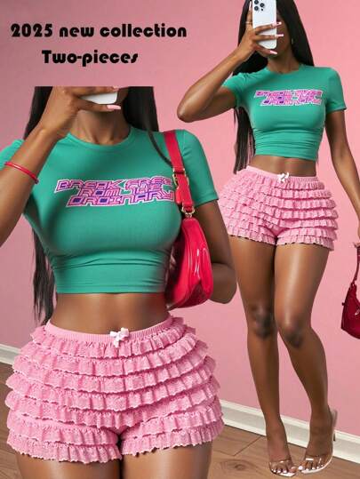 Slaydiva 2025 年新款夏季基本款休闲装 - 圆领短袖紧身 T 恤和多层荷叶边蕾丝短裤，甜美芭蕾女孩运动风格，字母印花，撞色，适合女性