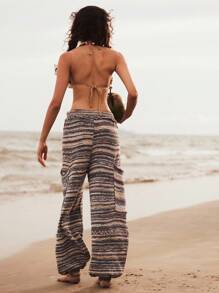 Bohemela 大码女式休闲日常通勤度假街头时尚低腰拼布口袋多色条纹图案抽绳下摆毛衣裤秋冬女装 - 彩色 - 查看 5