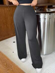 Dazy Plus Elastic Waist Solid Color Wide Leg Knit Casual Long Pants - Grey - View 3