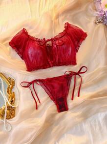 DelicateAllure 2pcs/Set Women's Wireless Bra Set - Burgundy - View 3