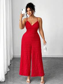 SHEIN PETITE 加大码性感纯色露背吊带连体裤，夏季 - 紅色 - 查看 2