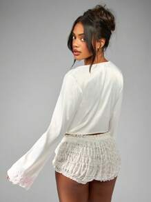 MISSGUIDED Premium Satin Button Front Crop Blouse Lace Bell Sleeve Wedding Bridal Bridesmaid Special Occasion Elegant Evening Party Top - White - View 2