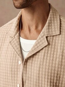 Manfinity Homme 2pcs Urban Casual Houndstooth Print Short Sleeve Shirt Sets, Fashionable - Khaki - View 3