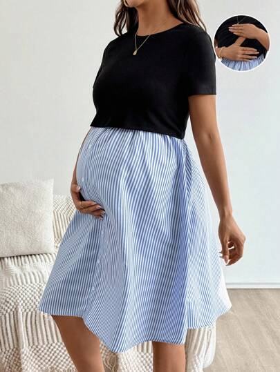 SHEIN Maternity Color Block Ditsy Floral Nursing Dress, Casual Vacation Style Suitable For Summer  Fall Women Clothes