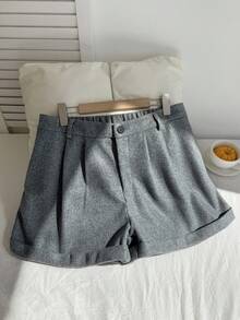 Comfortcana Einfarbige Vintage Woll-Shorts mit Bund in Große Größen, Herbst/Winter Damen Shorts Kleidershorts - Grau - Übersicht 4