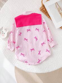 SHEIN Babygirl 休闲粉色和白色条纹蝴蝶结领口披肩连衣裙 - 粉色 - 查看 2