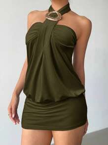 Aloruh Women's Y2K Avant-Garde Sexy Tight Bandeau Metallic Button Decor Halter Mini Super Short Bodycon Club Dress - Army Green - View 4