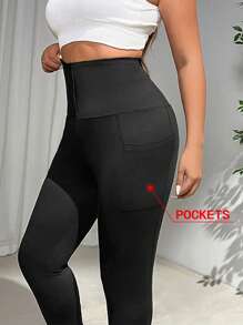 SHEIN PETITE CURVE 大码纯色前扣口袋紧身裤