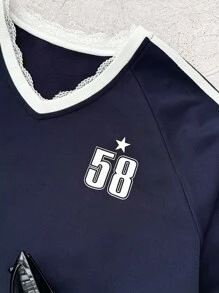 SHEIN 少女蕾丝边 V 领拼色抽绳图案套头衫，休闲、运动、校园、返校、秋冬时尚 - 藍白色 - 查看 5