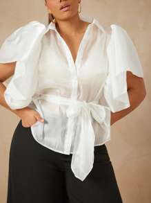 Vixey 透明欧根纱泡泡袖纽扣式透明上衣（配腰带） - 白色 - 查看 6