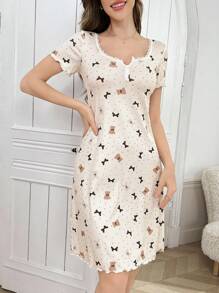 Lace Patchwork Square Collar, 2 Button, Bear & Bow Print Ribbed Short Sleeve Nightgown Babydoll Bowknot