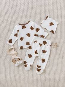 3 Peças Conjunto de Roupa de Bebê Recém-Nascido Menino/Menina, Inclui Top de Manga Longa Estampa de Urso, Calça com Pé e Chapéu, Outono/Inverno - Branco - Visão 4