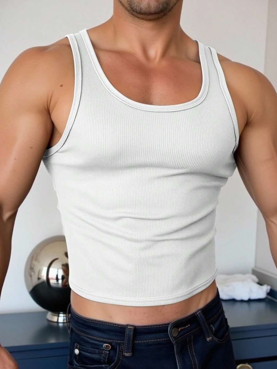 Manfinity Dauomo 男士纯色简约无袖白色背心，休闲日常穿着 - 白色 - 查看 1