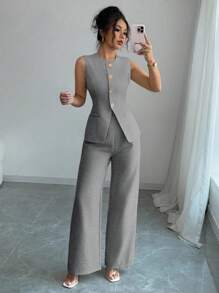 Elenzga Plus Size Casual Everyday Commute Sleeveless Top And Pants 2 Pieces Set