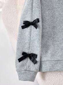 SHEIN Sparklyn 青少年女孩拉链连帽衫，新款秋冬长袖连帽运动衫，斑点灰色上衣，袖子上饰有平行黑色蝴蝶结，舒适修身休闲运动连帽衫，适合家庭/姐妹穿着 - 灰色 - 查看 6