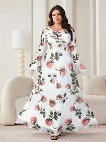 Modelyn 大码优雅花卉印花喇叭袖连衣裙