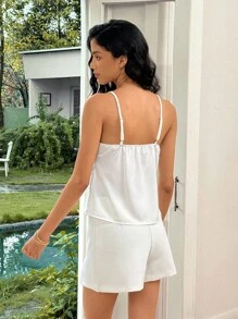 Rafferiza Camiseta sin mangas con escote en V de encaje y parches elegante - Blanco - Ver 2