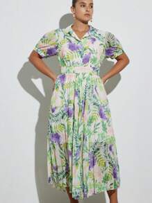 Aveloria Modichic Plus Size New Chiffon Flower Print Puff Sleeve Pleated Ruffle Hem Mini Dress, Fresh Style, Spring/Summer