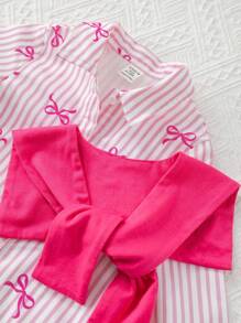SHEIN Babygirl 休闲粉色和白色条纹蝴蝶结领口披肩连衣裙 - 粉色 - 查看 4