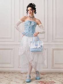 ROMWE Anime Lolita 卡哇伊字母刺绣蕾丝和心形花卉拼布蓝白芭蕾舞鞋手提包饰物，适合休闲外出和洛丽塔时尚配饰 - 藍色 - 查看 2