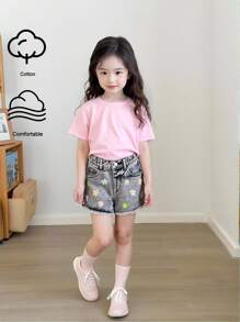 Pantalones cortos vaqueros de verano para niñas pequeñas con estampado floral colorido, cintura elástica suelta y dobladillo con volantes, en negro y gris