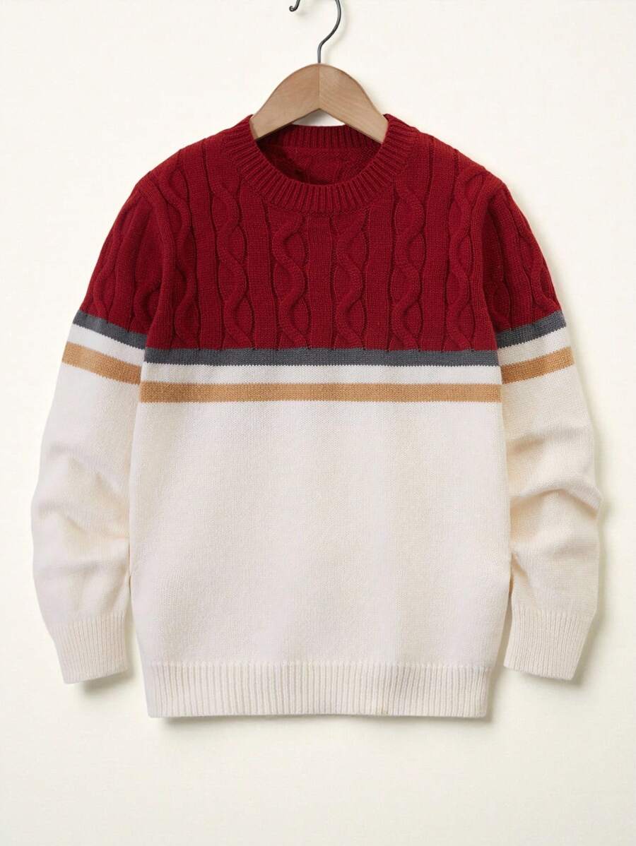 Casuvi Kids Tween Boys' Sweaters – Fashionable Two-Tone Knit Pullover With Upper Cable Twist And Lower Plain Knit Design, Classic Round Neck Casual Academic Style. Perfect For Outings, Daily Wear, Autumn/Winter, Gatherings, Home, And Vacations - Burgundy - View 1