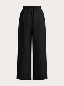 SHEIN PETITE CURVE 两件套加大码高腰裤套装，黑色+卡其色，两件套阔腿裤，高腰褶皱阔腿裤，黑色长裤，宽松版型，长裤，商务休闲女装，适合身材娇小的女性，春季女装，毕业典礼，优雅休闲，女士正装，黑色长裤，高腰，宽松裤 - 彩色 - 查看 6