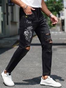 Manfinity LEGND Men's Fashion Street Style Embroidered Rhinestone Distressed Black Slim Fit Denim Jeans Men Rhinestone Jeans Men Graphic Jeans