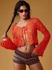MISSGUIDED Áo khoác cardigan tay chuông móc thắt nơ phía trước lễ hội Boho mùa hè bãi biển che phủ mặc đi nghỉ dưỡng áo choàng Bohemian - trắng - Xem 3