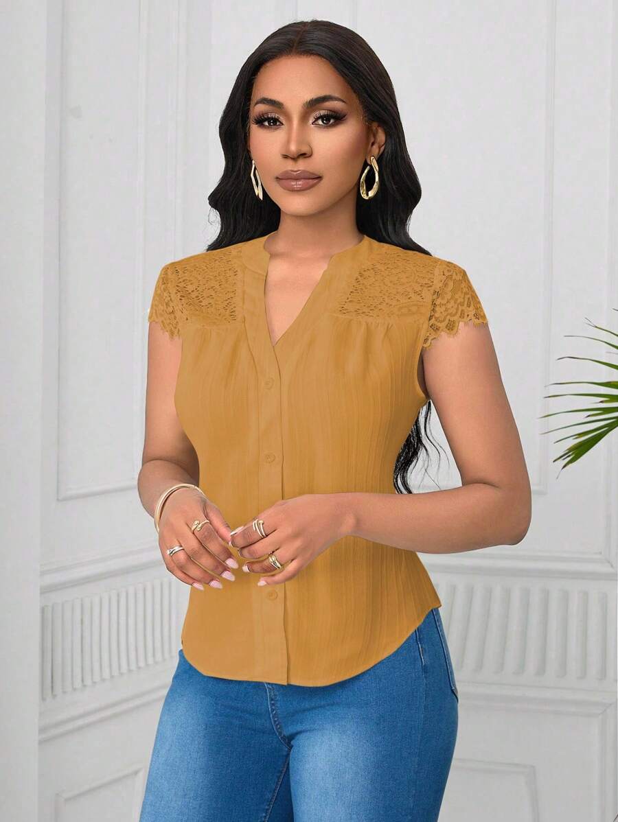 SHEIN LUNE 女士优雅蕾丝拼布波浪条纹短袖衬衫 - 橘色 - 查看 1