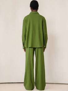 Aveloria Modichic 2pcs Linen Hemline Side Slit Shirt & Solid Color Casual Pants Set Fall Cloth For Women - Green - View 2
