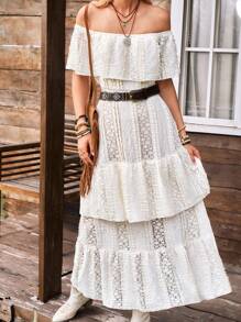 LanaWest New Fashion Off-Shoulder Hollow Lace Ruffle Hem Design Western Bohemian Vacation Style Elegant Women Dress - Apricot - View 5
