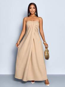 SOLERSUN 女士度假海滩派对优雅亚麻抹胸连衣裙，带扭曲褶饰镂空细节