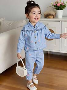 Denimly Baby Mädchen Mode Bequeme Süße Vielseitige Outdoor Herz Stickerei Verwaschen Jeans Hemd mit Elastischer Bund Hose Set - Mittele Waschung - Übersicht 1