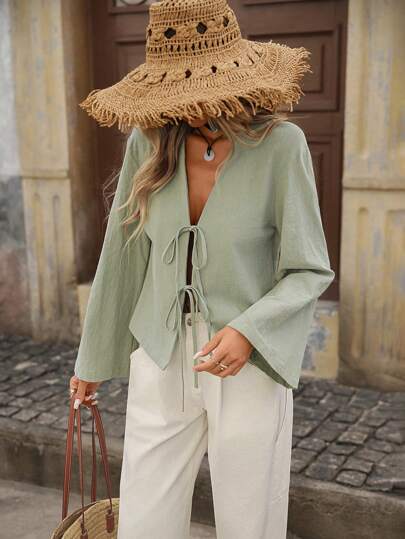 Brillora Holiday Solid Color Woven Loose-Fitting Regular Women's Long Sleeve Shirt, Fall Women Clothes,Long Sleeve Tops