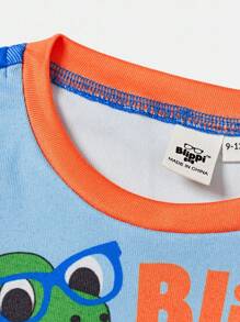 Blippi X SHEIN 2pcs/Set Baby Boy Cartoon Dinosaur Snug Fit Casual Crewneck Top And Full-Print Pattern Leggings Pajamas Outfit, Suitable For Spring, Autumn And Winter Fall - Blue - View 4