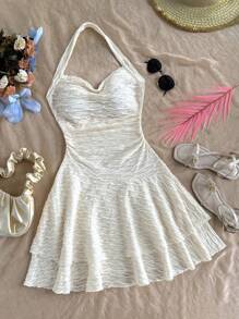 SHEIN Vestido Confortável Minimalista Casual de Malha para Meninas Pré-Adolescentes com Decote Halter e Cintura