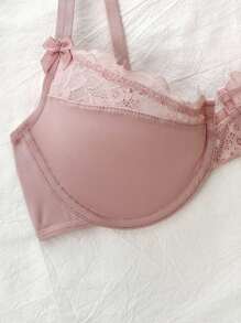 Ladies' Solid Color Lace Patchwork Bra With Bow Decoration, Kawaii - Dusty Pink - View 4