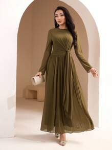 Veilorie Tie Strap, Bow, Ruffle Trim Flowing Dress For Summer Beach Vacation - Army Green - View 6