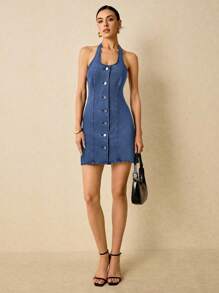 Poéselle 休闲时尚纽扣性感露背女式牛仔连衣裙 - 深色水洗藍 - 查看 4