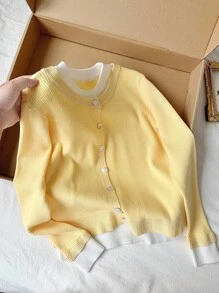 Comfortcana Bộ áo len cài nút phía trước màu vàng bơ tương phản dành cho nữ vào mùa thu/đông - Nhiều màu - Xem 4