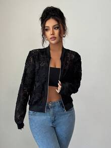 Elenzga Chaqueta de encaje de unicolor elegante para mujer, ideal para el transporte - Negro - Ver 6