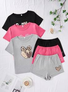 SHEIN Set de 3 piezas de pijama corto informal con estampado de corazón y letras, que incluye top de manga corta y shorts - Multicolor - Ver 5
