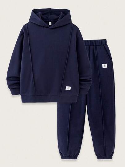 SHEIN 青少年男孩休闲街头风格纯色装饰边百搭舒适纯色连帽衫和运动裤套装，适合通勤、上学、日常休闲、旅行、运动、派对、秋冬