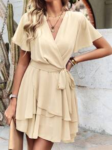 Breezaya Đầm ngắn tay mùa hè viền bèo nhún phía trước màu trơn cho nữ - Màu be - Xem 3