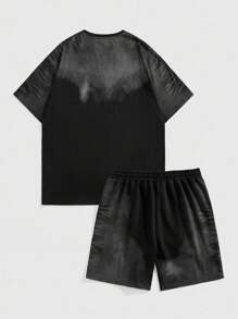 ROMWE MEN Street Life Men's Color Block Round Neck Short Sleeve T-Shirt & Drawstring Waist Shorts Set - Black - View 2