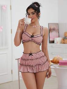 Polka Dot Ruffle Cute Sweet Girl Bra + Pleated Mini Skirt Sexy Lingerie Set For Women - Pink - View 3