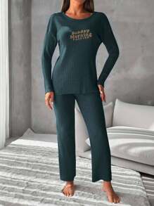 EURMUSE Letter Pattern Drop Shoulder Rib Knit Loungewear Set - Army Green - View 3